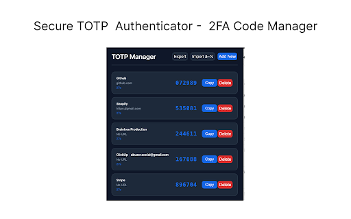 Secure TOTP Authenticator 2FA Code Manager MFA from Chrome web store to be run with OffiDocs Chromium online Secure TOTP Authenticator 2FA Code Manager MFA from Chrome web store to be run with OffiDocs Chromium online