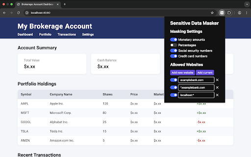 Sensitive Data Masker from Chrome web store to be run with OffiDocs Chromium online Sensitive Data Masker from Chrome web store to be run with OffiDocs Chromium online