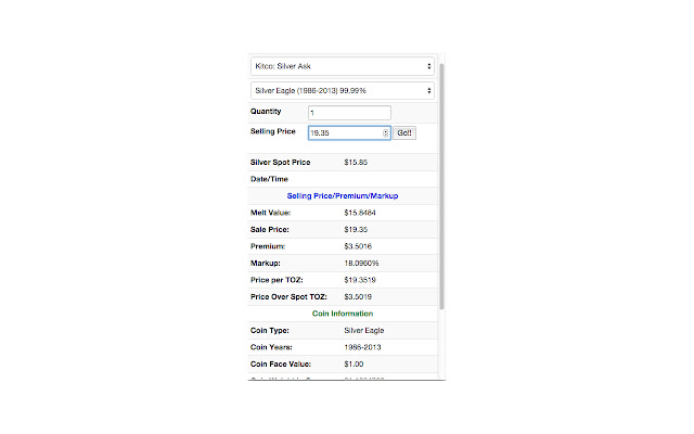 Silver and Gold Coin Spot Price Calculator from Chrome web store to be run with OffiDocs Chromium online Silver and Gold Coin Spot Price Calculator from Chrome web store to be run with OffiDocs Chromium online