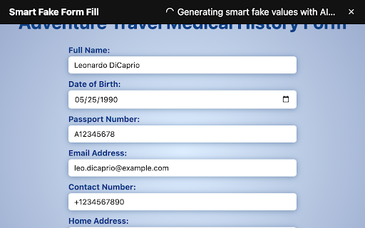 Smart Fake Form Fill from Chrome web store to be run with OffiDocs Chromium online Smart Fake Form Fill from Chrome web store to be run with OffiDocs Chromium online