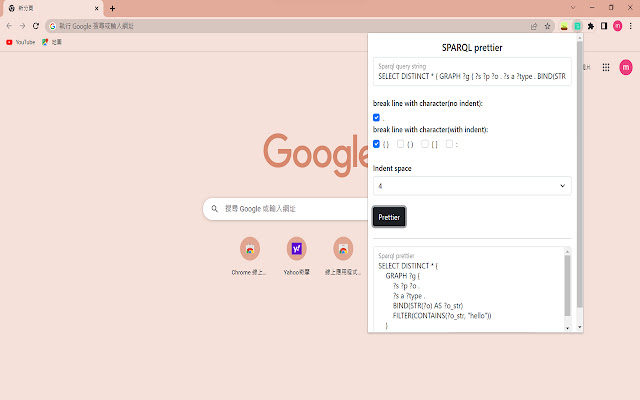 SPARQL prettier from Chrome web store to be run with OffiDocs Chromium online SPARQL prettier from Chrome web store to be run with OffiDocs Chromium online
