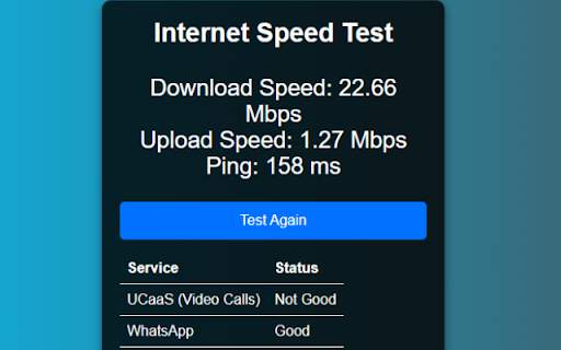 SpeedCheck Real Time Internet Test from Chrome web store to be run with OffiDocs Chromium online SpeedCheck Real Time Internet Test from Chrome web store to be run with OffiDocs Chromium online
