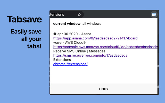 Tabsave from Chrome web store to be run with OffiDocs Chromium online Tabsave from Chrome web store to be run with OffiDocs Chromium online