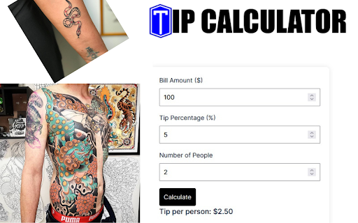 Tattoo Tip Calculator from Chrome web store to be run with OffiDocs Chromium online Tattoo Tip Calculator from Chrome web store to be run with OffiDocs Chromium online
