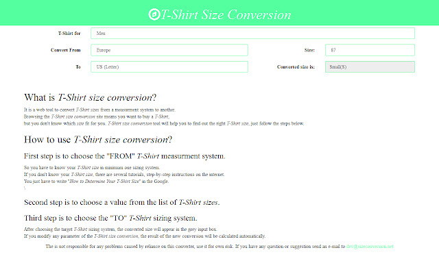 T Shirt Size Conversion from Chrome web store to be run with OffiDocs Chromium online T Shirt Size Conversion from Chrome web store to be run with OffiDocs Chromium online