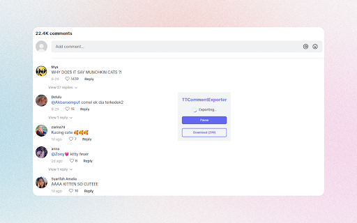 TTCommentExporter Export TikTok Comments from Chrome web store to be run with OffiDocs Chromium online TTCommentExporter Export TikTok Comments from Chrome web store to be run with OffiDocs Chromium online