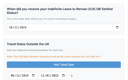 UK90Check Track Your 90 Day Rule for UK/British Citizenship from Chrome web store to be run with OffiDocs Chromium online UK90Check Track Your 90 Day Rule for UK/British Citizenship from Chrome web store to be run with OffiDocs Chromium online