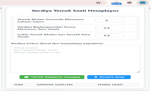 Vardiya Yemek Saati Hesaplayıcı from Chrome web store to be run with OffiDocs Chromium online Vardiya Yemek Saati Hesaplayıcı from Chrome web store to be run with OffiDocs Chromium online