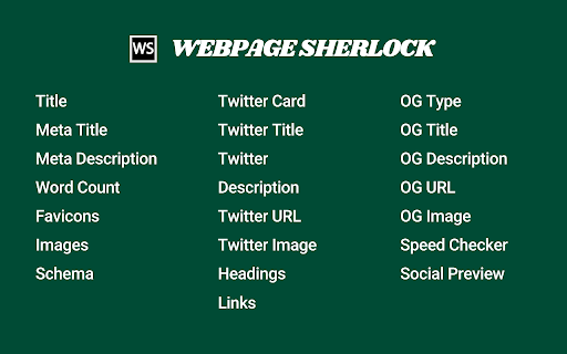 Webpage Sherlock Page insights in one click from Chrome web store to be run with OffiDocs Chromium online Webpage Sherlock Page insights in one click from Chrome web store to be run with OffiDocs Chromium online