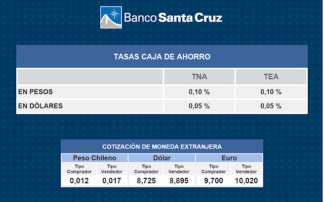 Web Tasas Banco Santa Cruz from Chrome web store to be run with OffiDocs Chromium online Web Tasas Banco Santa Cruz from Chrome web store to be run with OffiDocs Chromium online