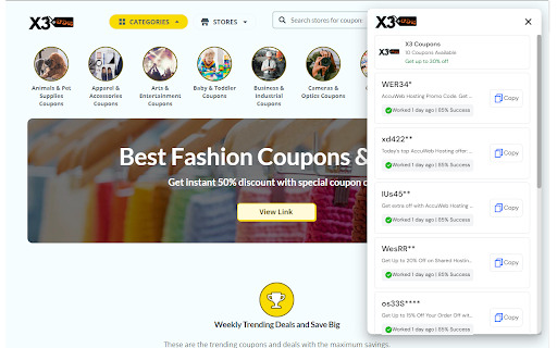 X3Coupons Provide discount code for 300k+ brand from Chrome web store to be run with OffiDocs Chromium online X3Coupons Provide discount code for 300k+ brand from Chrome web store to be run with OffiDocs Chromium online