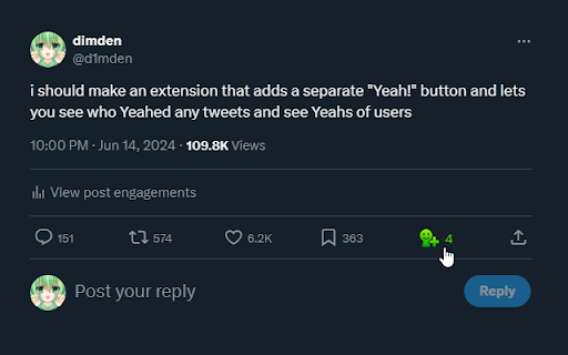 Yeah! for Twitter from Chrome web store to be run with OffiDocs Chromium online Yeah! for Twitter from Chrome web store to be run with OffiDocs Chromium online