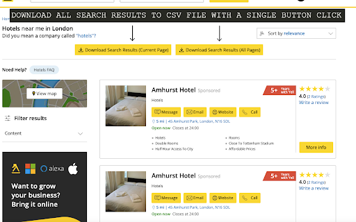Yell Download Search Results as CSV from Chrome web store to be run with OffiDocs Chromium online Yell Download Search Results as CSV from Chrome web store to be run with OffiDocs Chromium online
