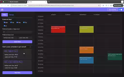 Allocate Schedule Visualiser from Chrome web store to be run with OffiDocs Chromium online Allocate Schedule Visualiser from Chrome web store to be run with OffiDocs Chromium online