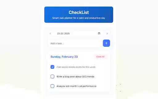 CheckList Smart task planner for a calm and productive day from Chrome web store to be run with OffiDocs Chromium online CheckList Smart task planner for a calm and productive day from Chrome web store to be run with OffiDocs Chromium online