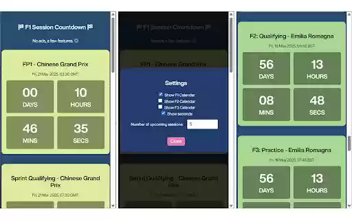 F1 Session Countdown from Chrome web store to be run with OffiDocs Chromium online F1 Session Countdown from Chrome web store to be run with OffiDocs Chromium online