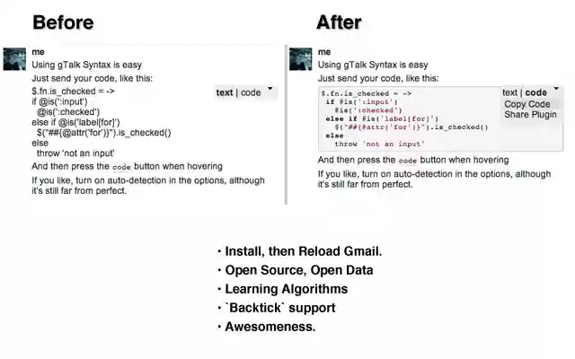 gTalk Syntax Highlighting from Chrome web store to be run with OffiDocs Chromium online gTalk Syntax Highlighting from Chrome web store to be run with OffiDocs Chromium online