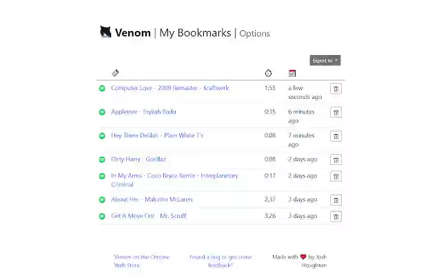 Venom: Instant Music Bookmarker from Chrome web store to be run with OffiDocs Chromium online Venom: Instant Music Bookmarker from Chrome web store to be run with OffiDocs Chromium online